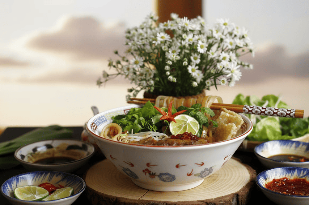 Cao Lau is a noodle dish from Hoi An made with thick rice noodles and slices of marinated pork